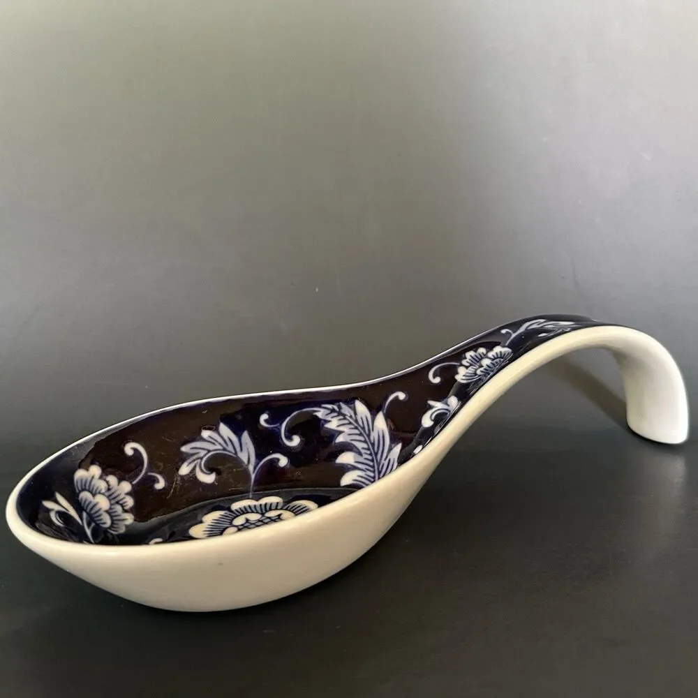 Vintage Pier 1 Blue White Ceramic Spoon Rest Floral Porcelain Kitchen Counter
